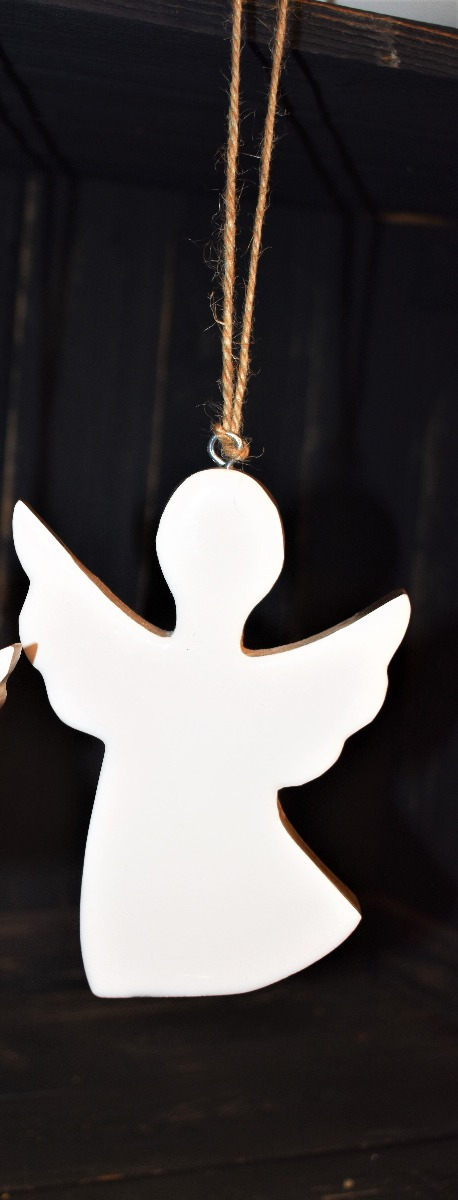 Wooden Hanging Angel w/ White Enamel 3x4in