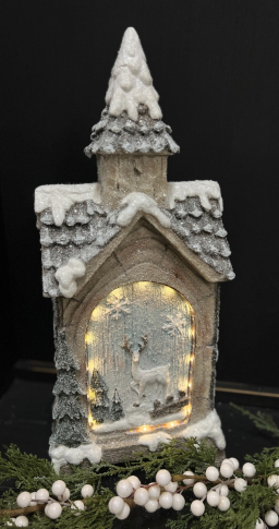 Lighted Resin Church with Deer 8x5x19in