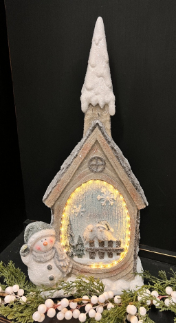 Lighted Resin Church with Snow Birds 11x6x21in