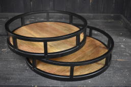 Circular Wooden Tray with an Iron Handle Set of 2 14 and 16in