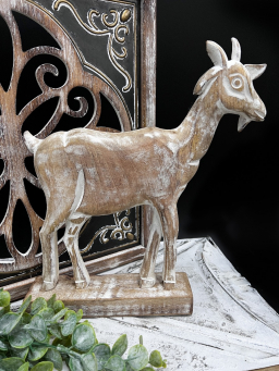 Whitewashed Wooden Goat 16x18in