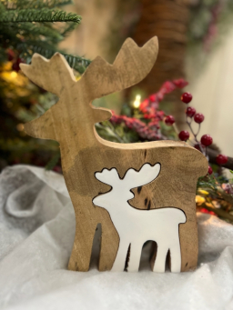 3D Wooden Reindeer w/ White Enamel Cutout 4.3x5.5in