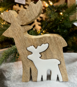 3D Wooden Reindeer w/ White Enamel Cutout 5.5x7in