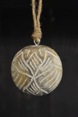 Fern Carved Mangowood Hanging Ball Ornament 2.5in
