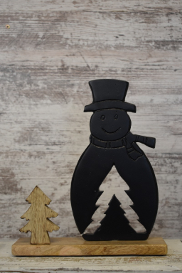 Aluminum Black Snowman with Mango Wood Tree 9x10.25in