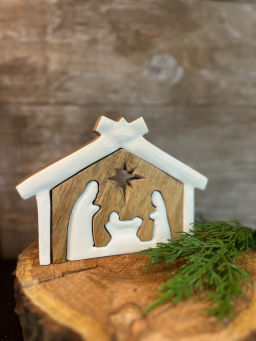 Wooden Nativity with White Enamel 7x5in
