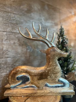 Wooden Laying Deer with Silver Antlers 13x13in