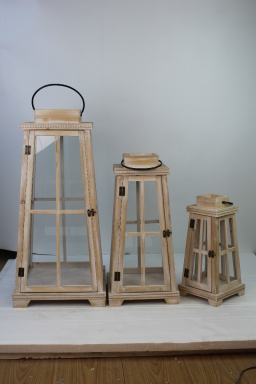 Pyramid  Wood and Metal Lantern Set of 3 - 17in, 23in and 30in