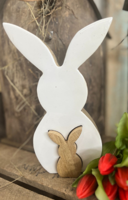 White Enamel Wooden Bunny 10x6in