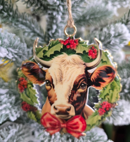 Cow in wreath Ornament 4x4in