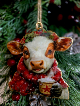 Christmas Cow Ornament 4x4.25in