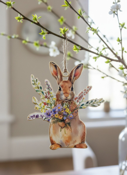 Bunny with Bouquet Metal Ornament 4x5in