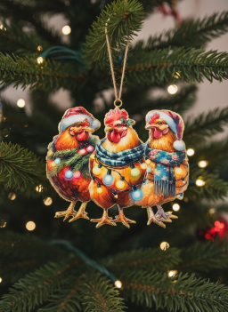 Holiday Hen Trio Metal Ornament 6x5in