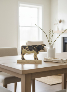 Metal Old Pasture Cow on Base 9x6in