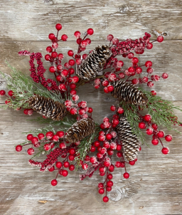 Snow Covered Red Berry Candle Ring 4.5in