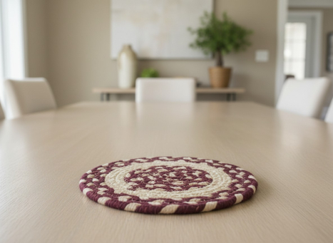 Burgundy & Beige Braided Round Trivet 8x8in