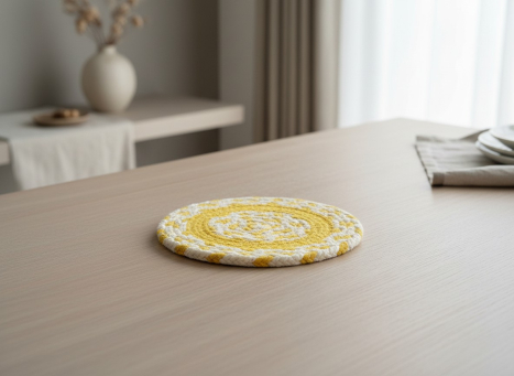 Yellow & Cream Braided Round Trivet 8x8in