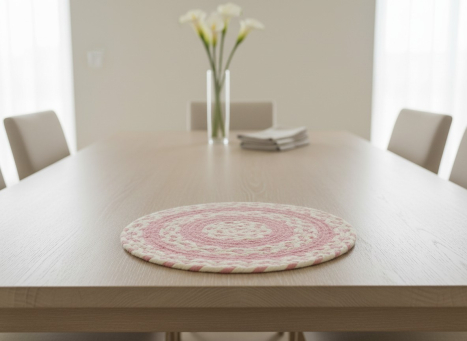 Pink & Cream Braided  Round Placemat 10x10in