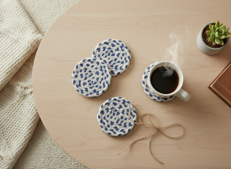 Navy & Cream Braided Coasters 4x4in Set of 4 pcs