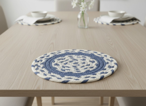 Navy & Cream Braided Round Trivet 8x8in