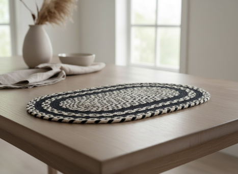 Black & Beige Braided Oval Placemat 19x12in