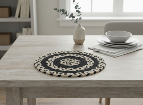 Black & Beige Braided Round Placemat 10x10in