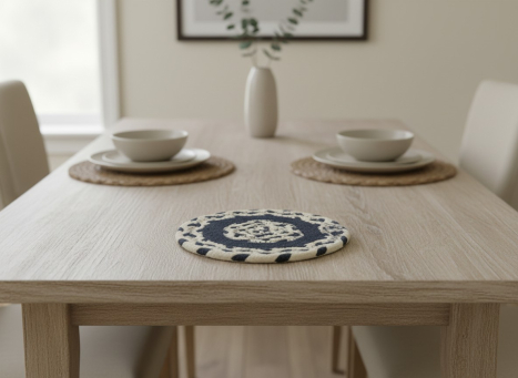 Black & Beige Braided Round Trivet 8x8in