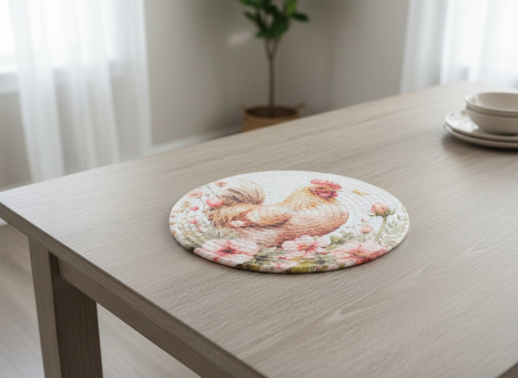 Spring Rooster Braided Round Trivet 10x10in