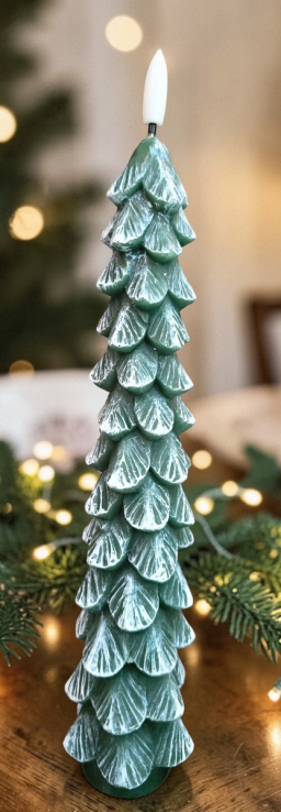 Green Christmas Tree Taper with 3D Flame 10in