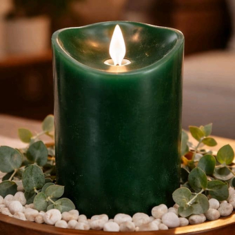 Green Non Drip Moving Flame LED Candle 3in by 6in