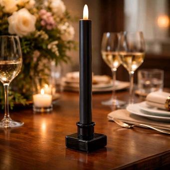 Black 10in Taper Realistic Flame Taper Set of 2