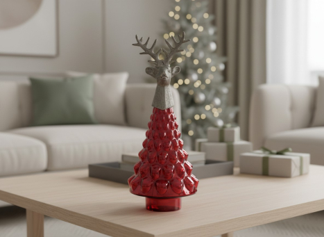 Red Glass Standing Tree with Silver Deer 15in