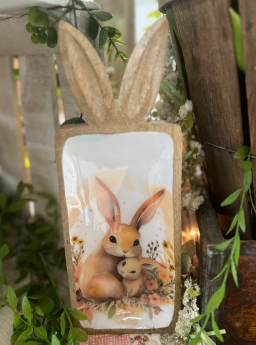 White Enamel Print Wooden Bunny Plate 12x4in
