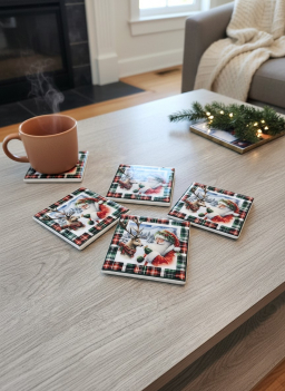 Santa & Reindeer Coasters 4x4in