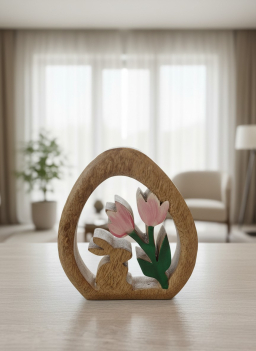 Bunny with Tulip in Wooden Egg 5x4in