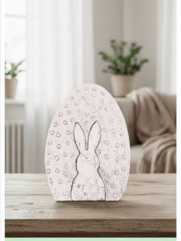 White Wooden Egg With White Bunny 5x4in