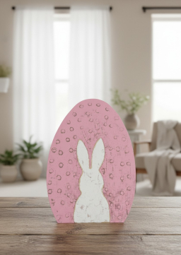 Pink Wooden Egg With White Bunny 5x4in