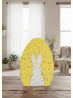 Yellow Wooden Egg With White Bunny 5x4in