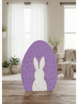 Purple Wooden Egg With White Bunny 5x4in