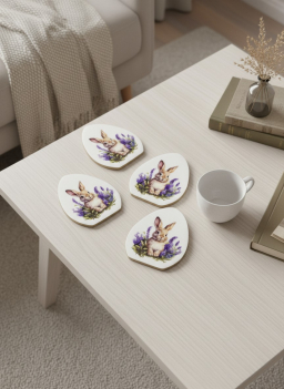 Lavender Bunny Coasters Set of 4pc 4x4in