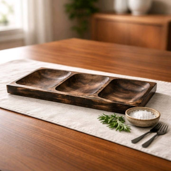 Dark Wood 3 Sectional Tray 18x8x1in