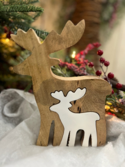 3D Wooden Reindeer w/ White Enamel Cutout 4.3x5.5in