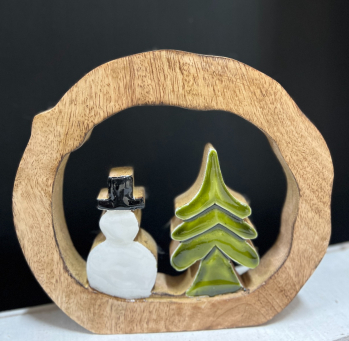 Enamel Snowman with Tree 8x7in