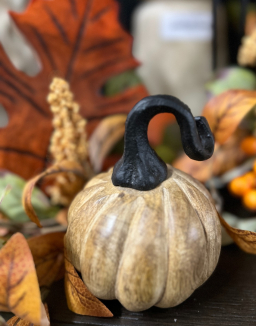 Natural Wooden Pumpkin with Aluminum Stem 4in