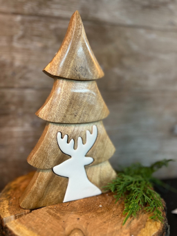 Wooden Tree with Enamel Deer Head Cutout 4in