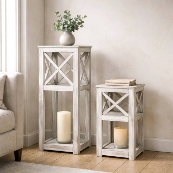 Brown Wood Box Lantern Set of 2 30in and 17in